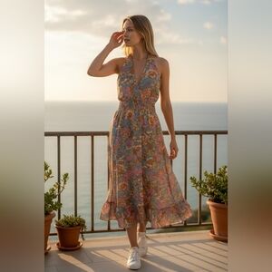 Floral Maxi Dress with Pink and Orange Accents With Pockets.     R10